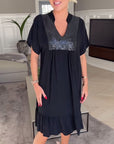 Flowy V-Neck Dress with Soft Pleats