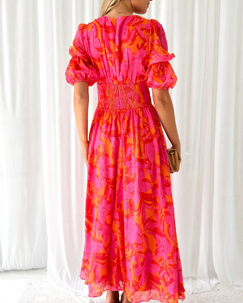 Puff sleeve printed deep V elegant dress