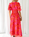 Puff sleeve printed deep V elegant dress