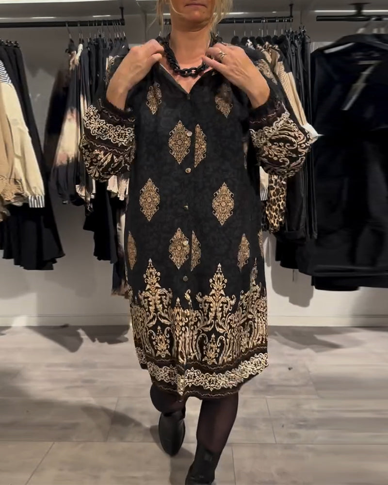Lapel Button Down Vintage Print Dress