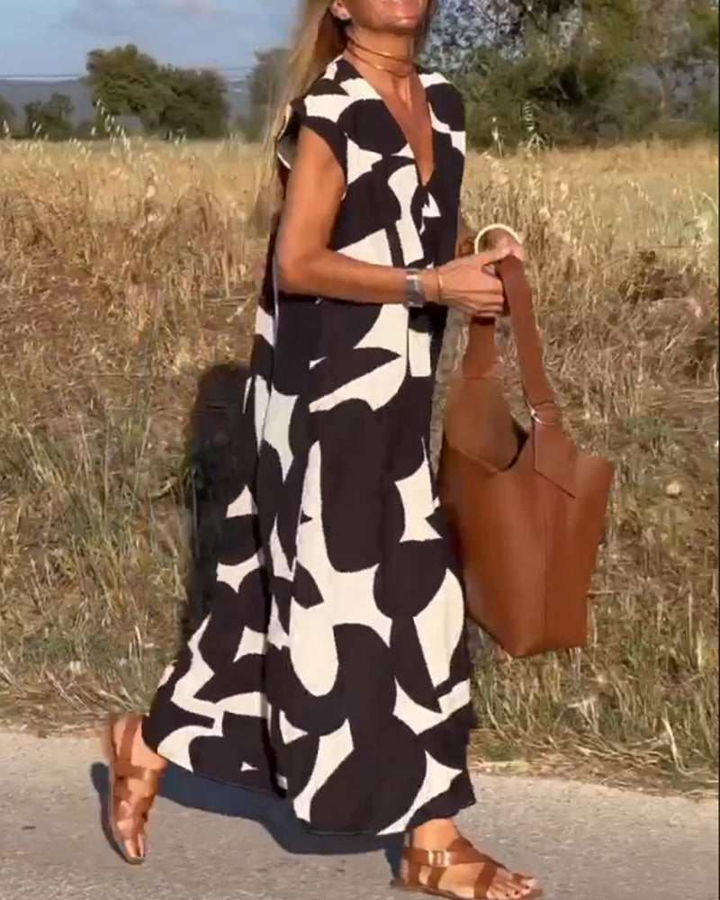 Patterned Deep V Midi Dress