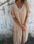 Cotton and Linen V-neck Midi Dress