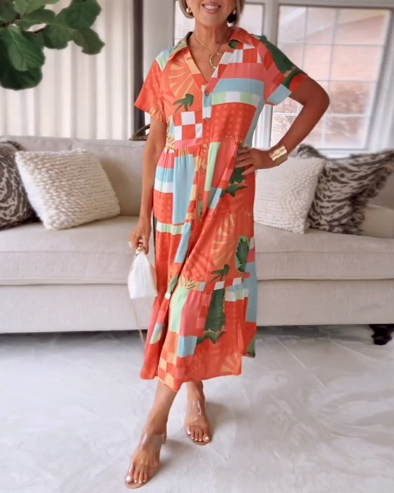 Patterned Short-Sleeve Casual Dress