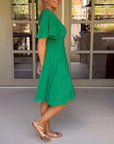 Solid color V-neck waisted butterfly sleeve casual dress