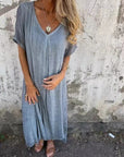 Cotton and Linen V-neck Midi Dress