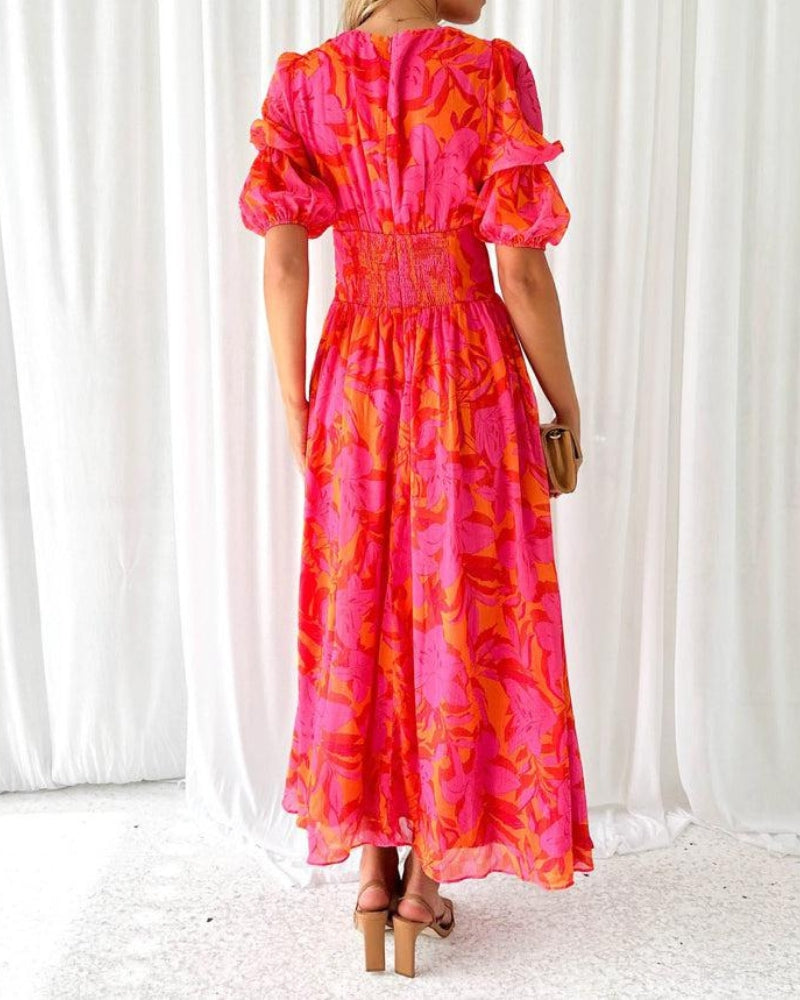 Elegant V-Neck Puff Sleeve Maxi Dress