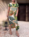 Leaf print short sleeve slit dress