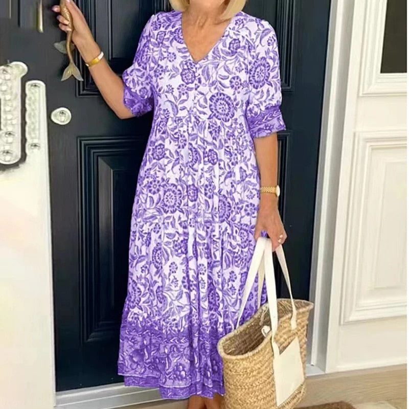 V-Neck Long Sleeve Boho Dress