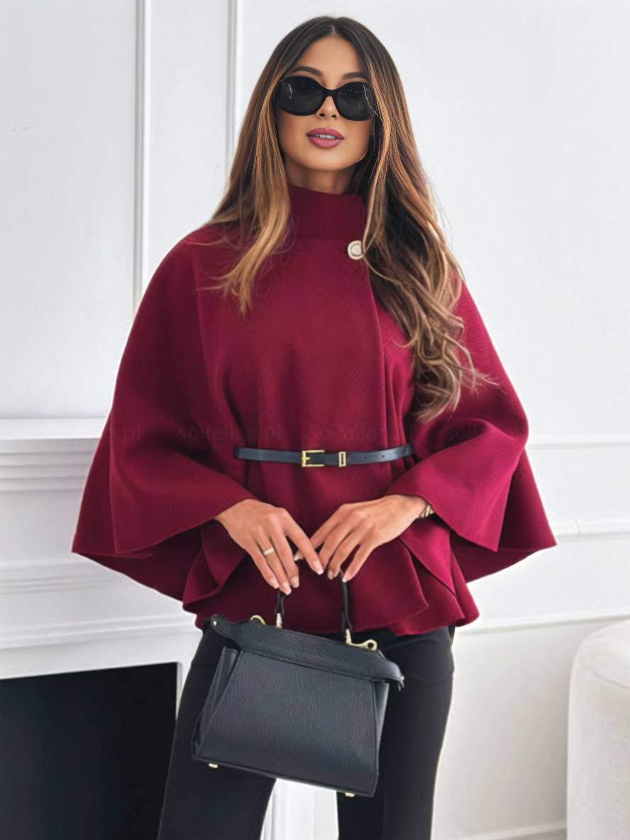 Short Red poncho coat with batwing sleeves, elegant and casual for women