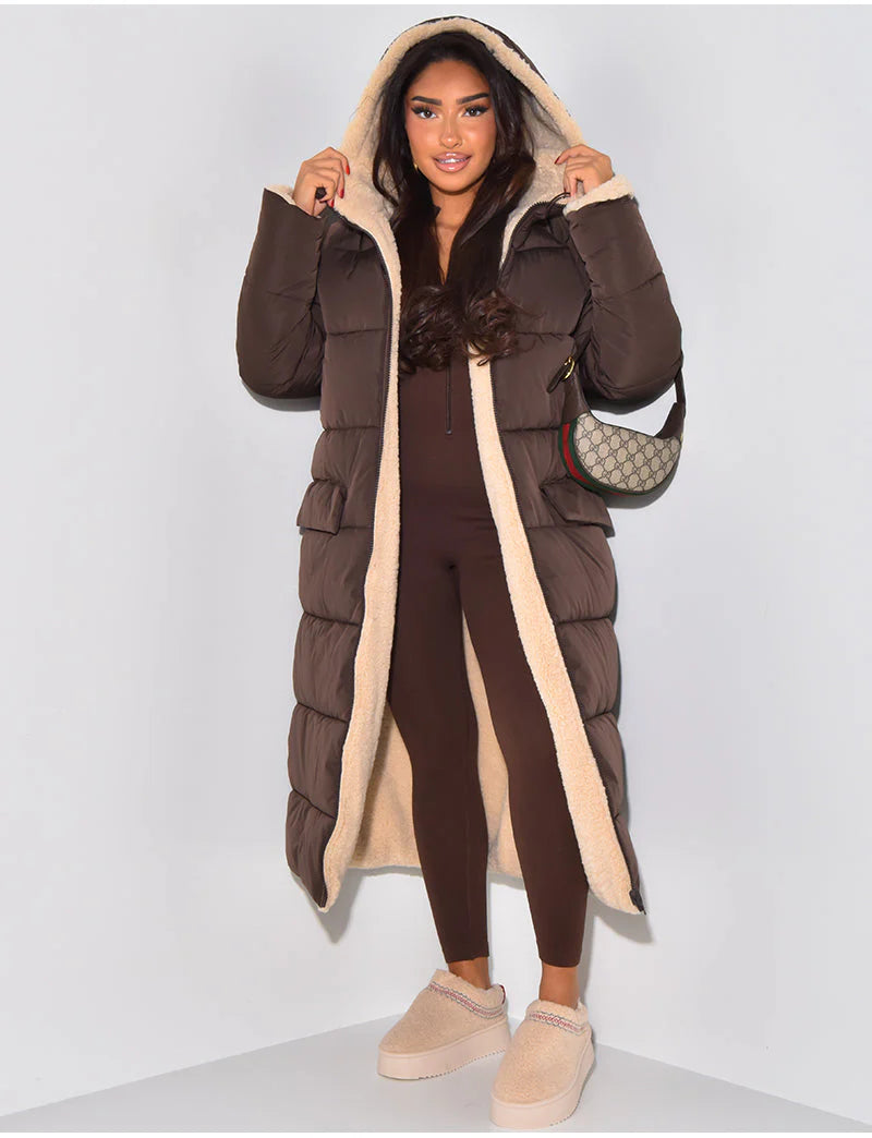 Long Puffer Coat with Fleece Lining and Hood