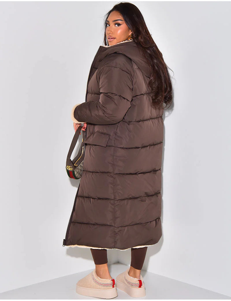Long Puffer Coat with Fleece Lining and Hood
