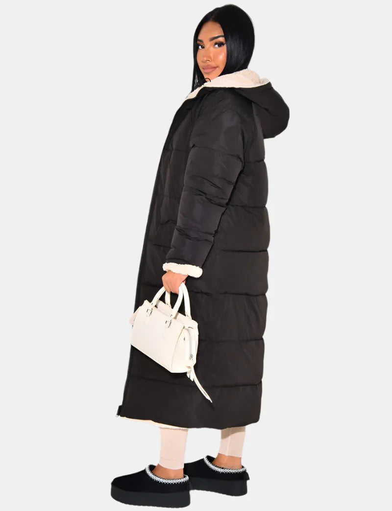 Long Puffer Coat with Fleece Lining and Hood