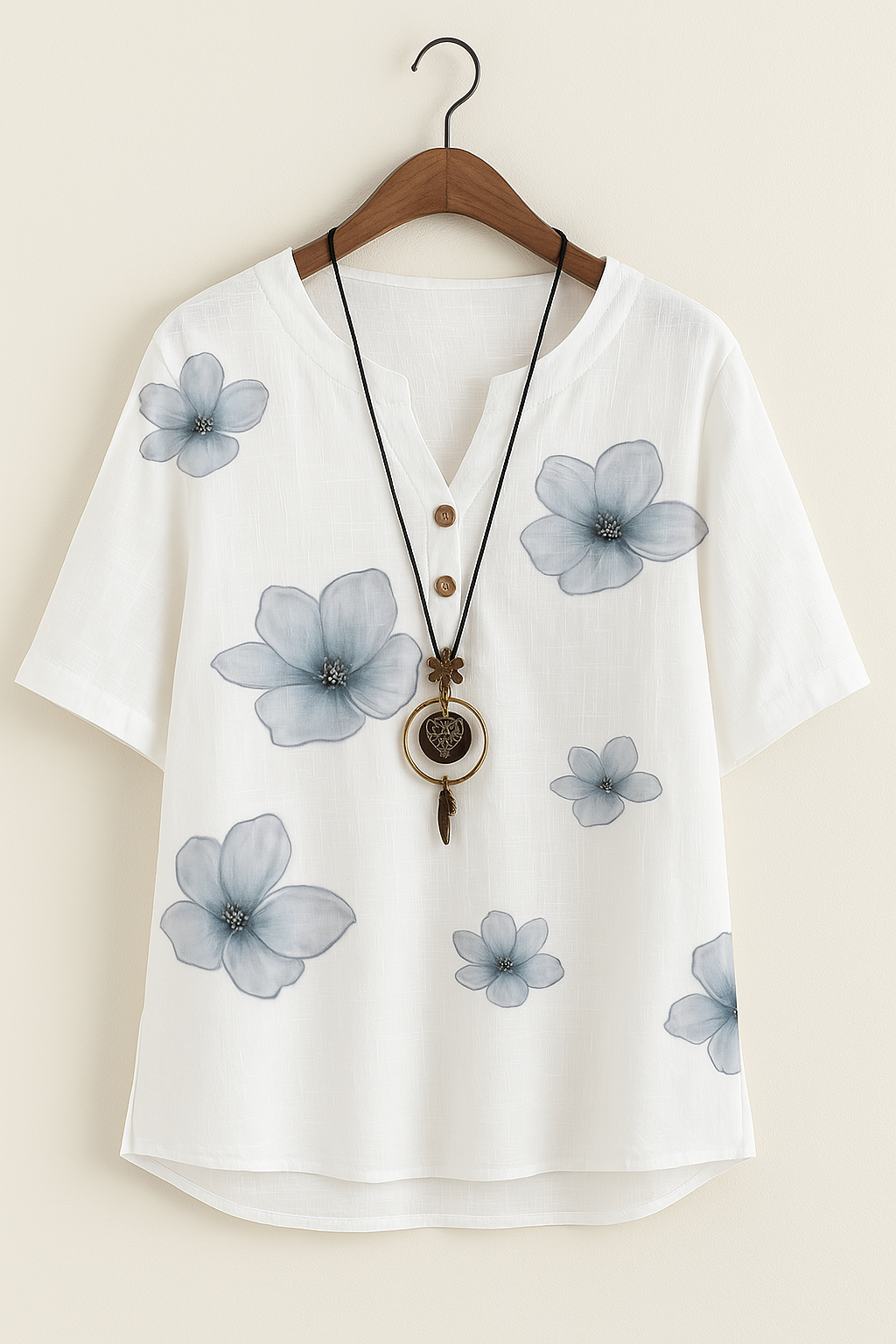 Floral Print Buttons V-neck Half Sleeves Blouse