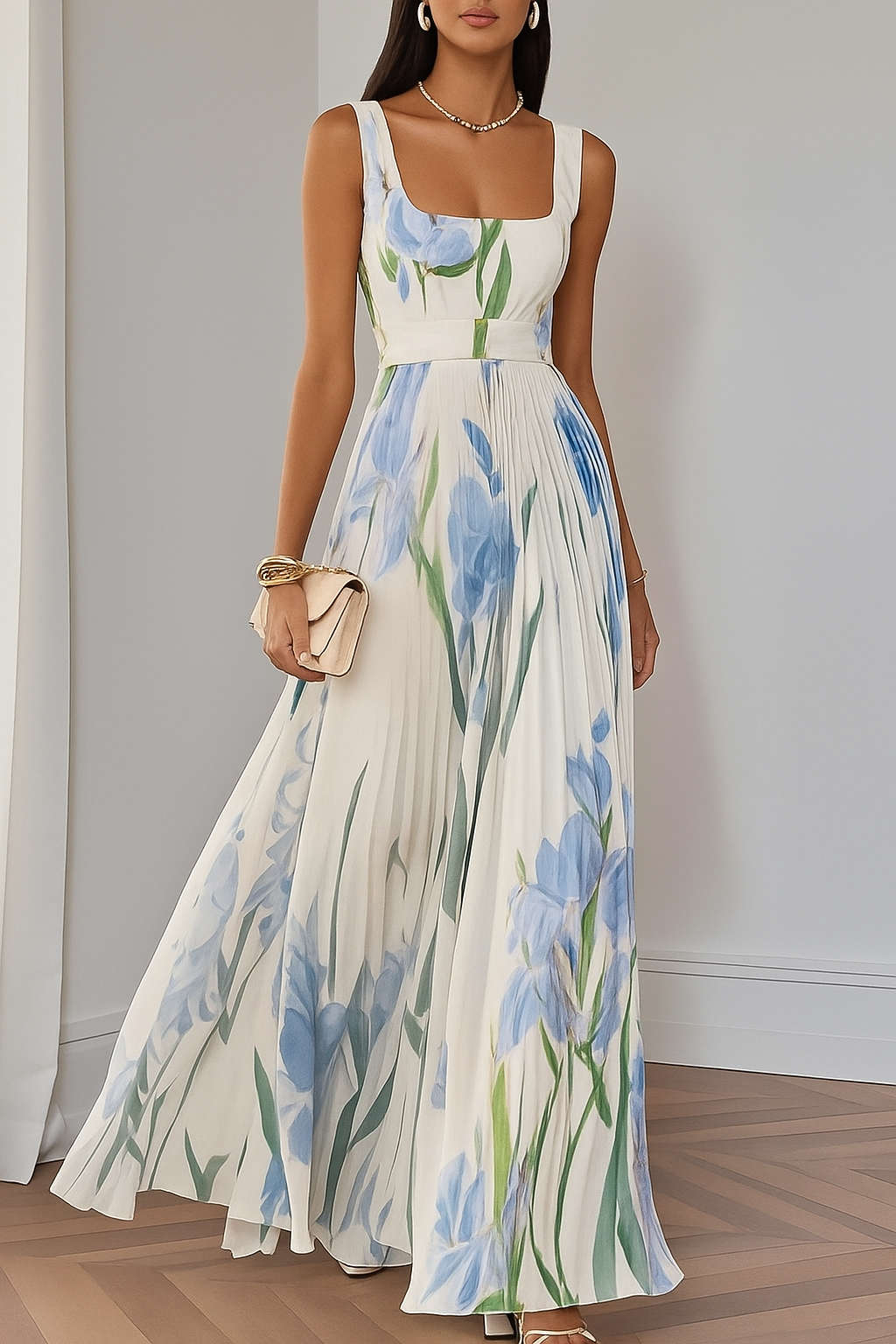 Cross-Border Floral Pleated Dress