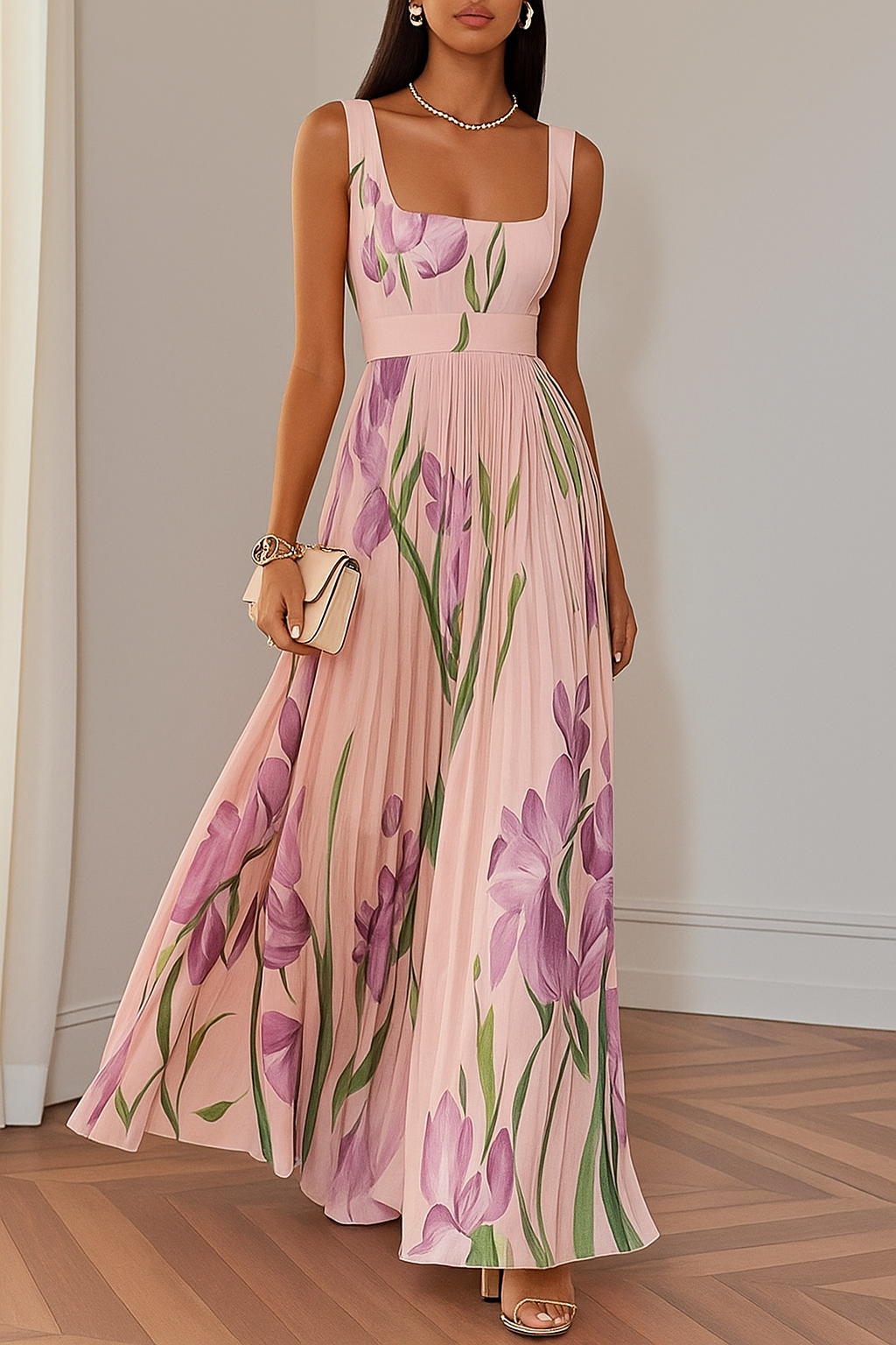 Cross-Border Floral Pleated Dress
