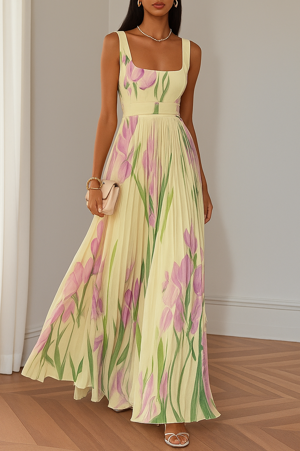 Cross-Border Floral Pleated Dress