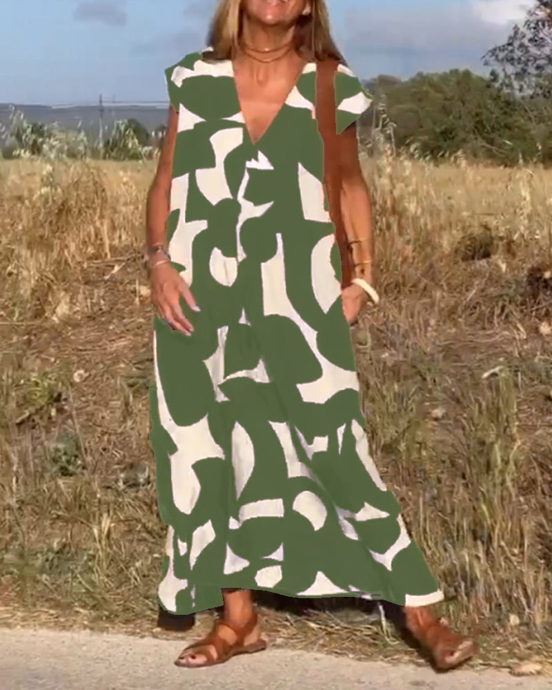 Patterned Deep V Midi Dress