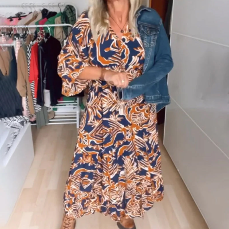 Flowy Printed Maxi Dress with V-Neckline