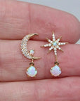 Moon and Star Earrings made of Gold and Opal
