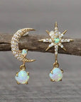 Moon and Star Earrings made of Gold and Opal