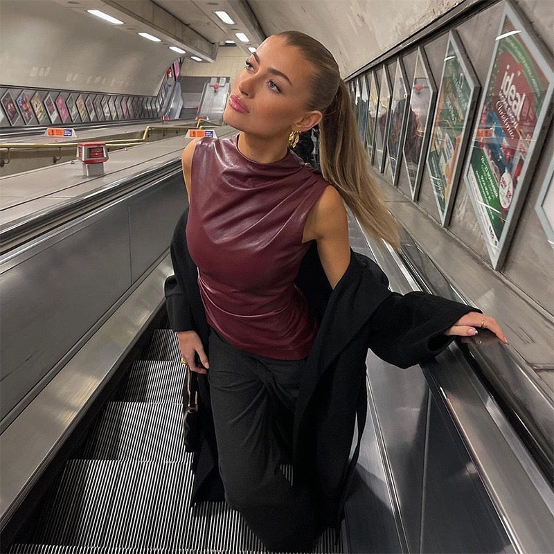 Trendy Black Leather Sleeveless Top