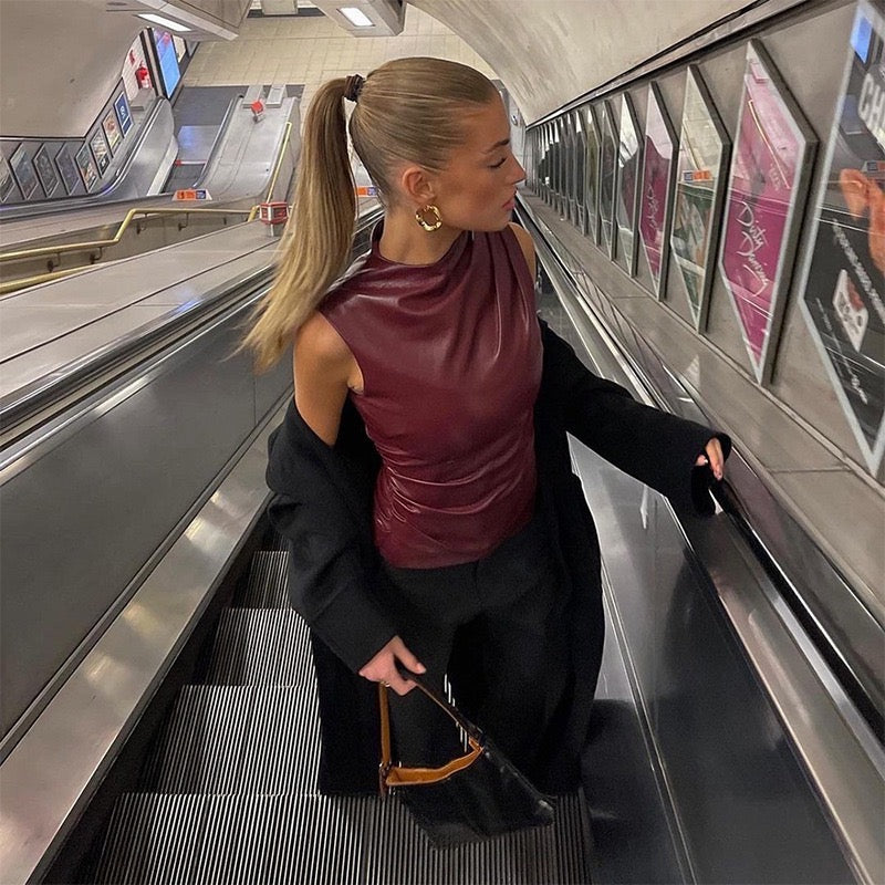 Trendy Black Leather Sleeveless Top