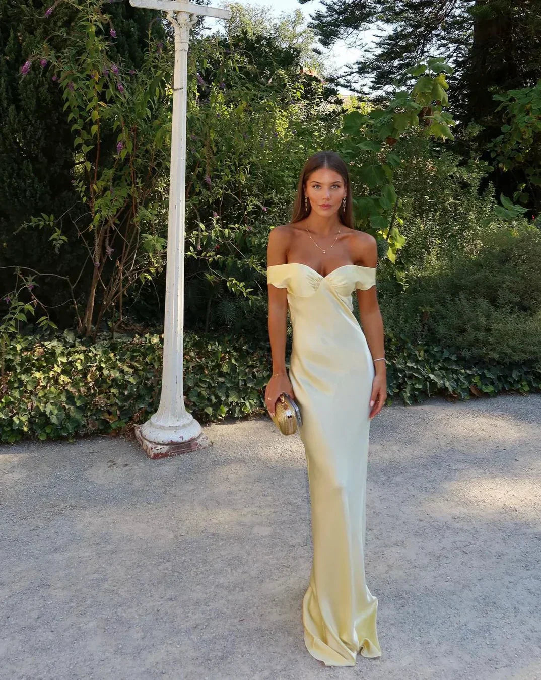 Strapless Satin Off-Shoulder Evening Dress