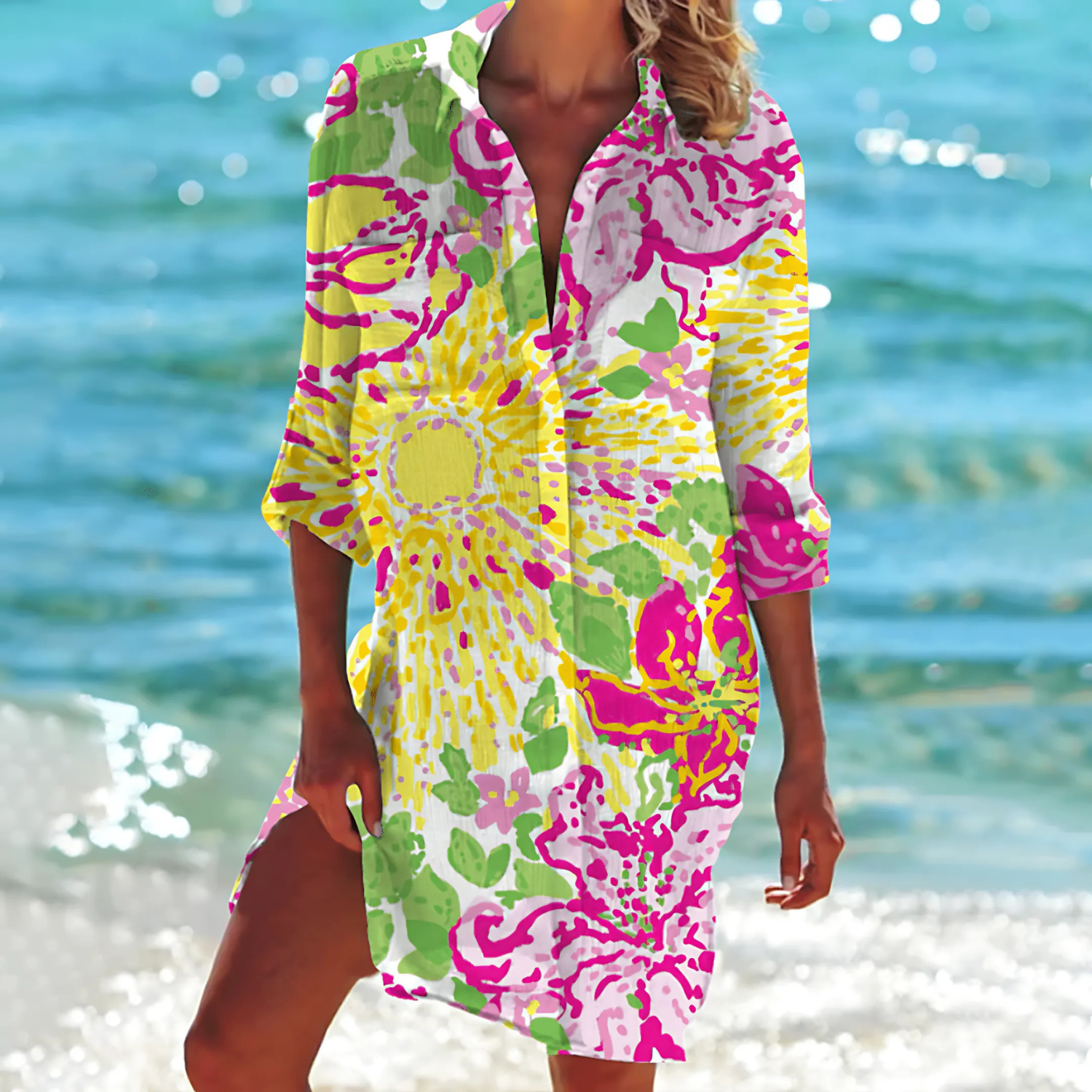 Printed Button Down Shirt Dress