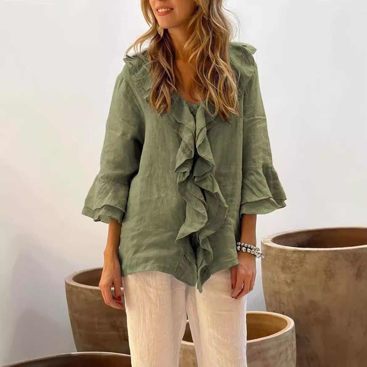 Stylish Solid Top with Feminine Ruffle Detail