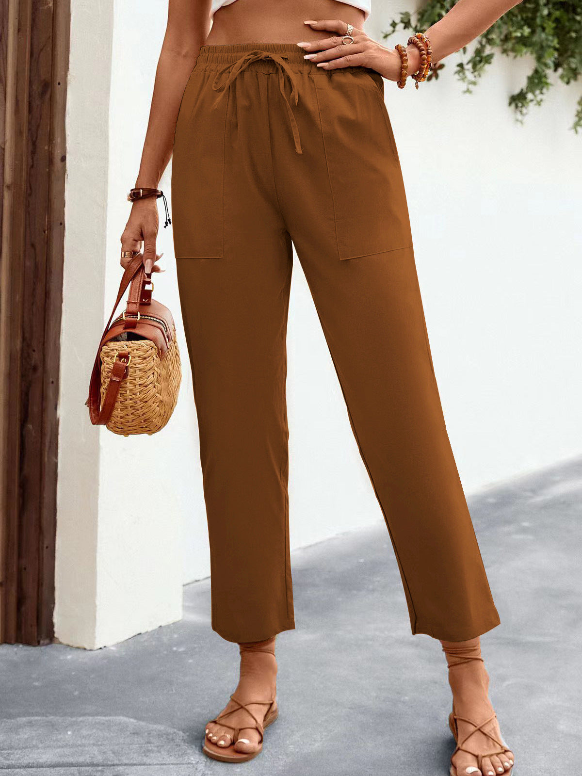 Drawstring Mid-Waist Casual Trousers