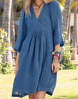 Cotton Linen V Neck Midi Dress