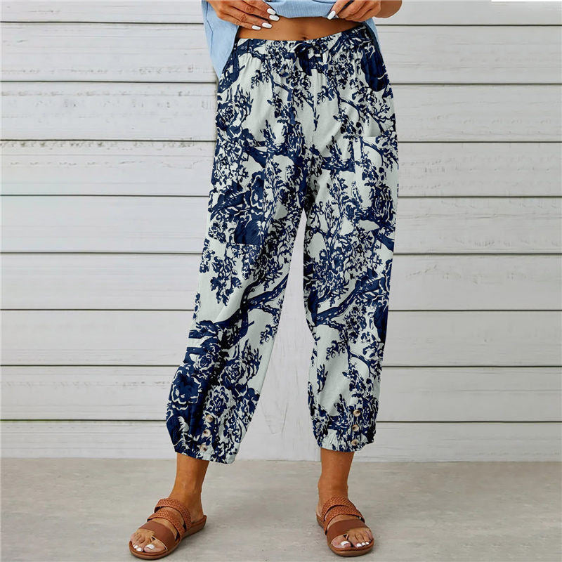 High Waist Drawstring Retro Printed Pants