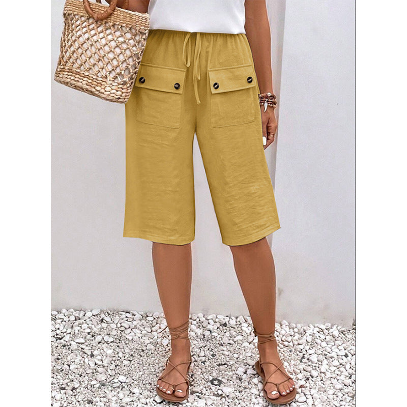 Woven Solid Color Tie Waist Shorts