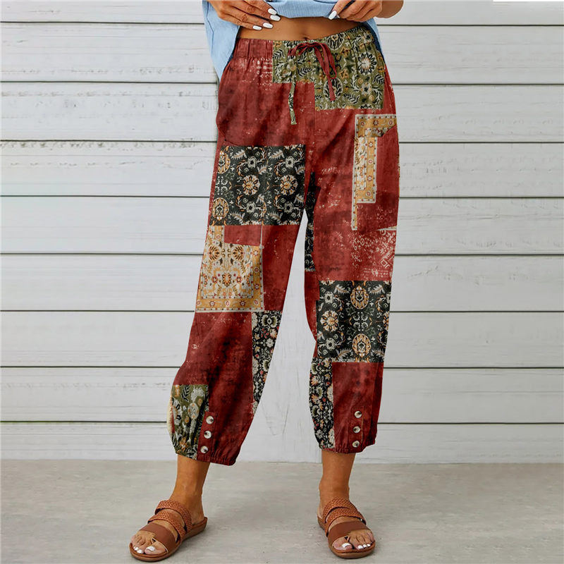 High Waist Drawstring Retro Printed Pants