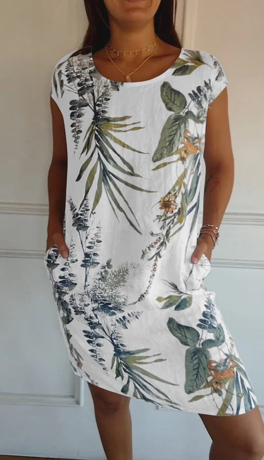 Short Sleeve Printed Pocket Crew Dress