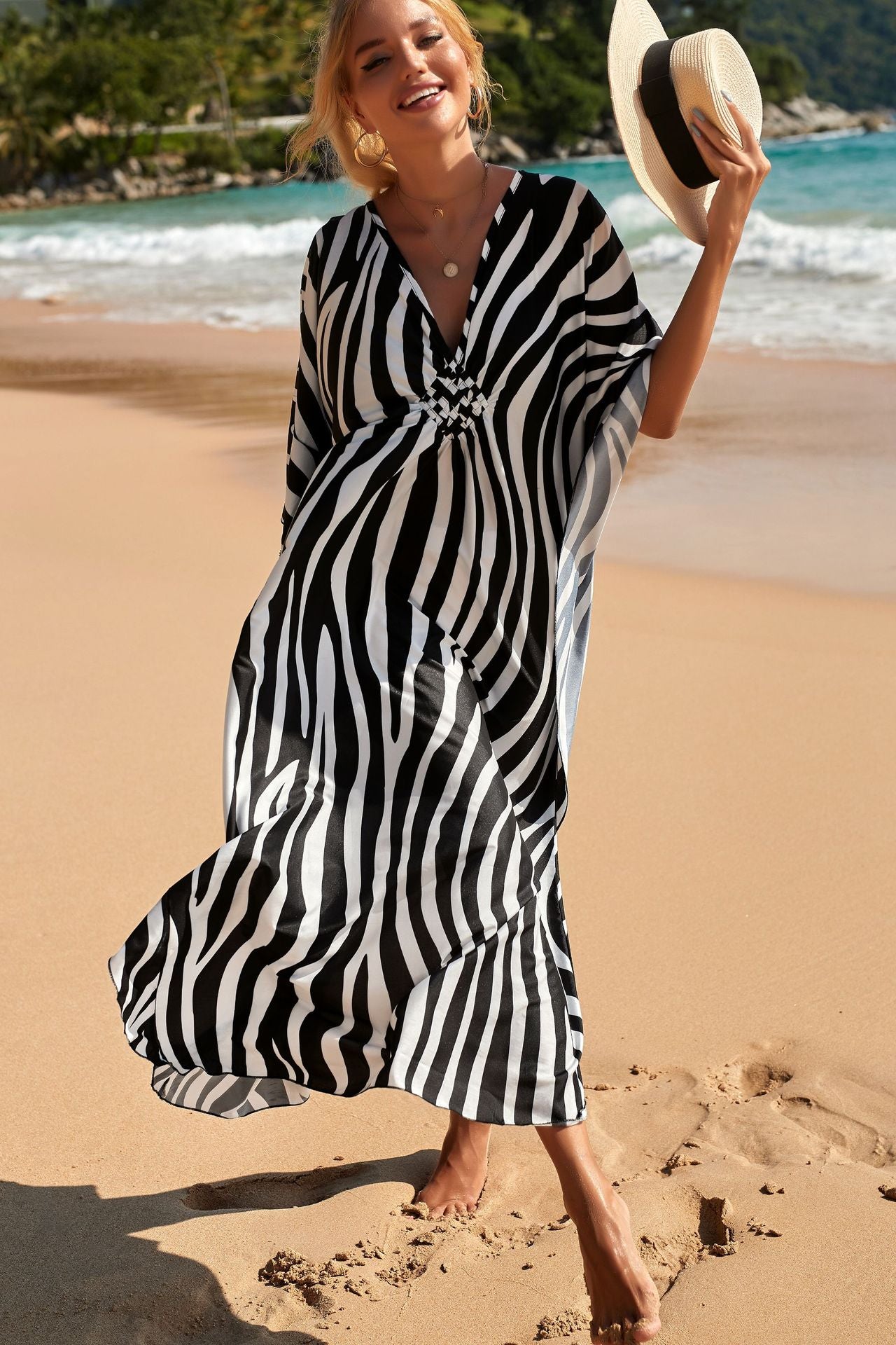 Chic Silk Kimono Dress in Exotic Tropic Print