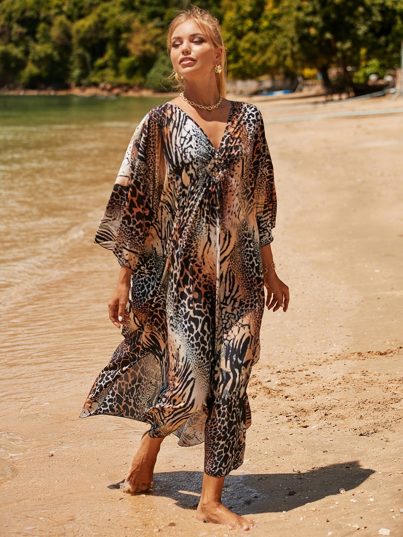 Coral Breeze Wrap Dress with Kimono Sleeves
