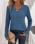 Ribbed Button Front Casual V Neck Long Sleeve Sweater