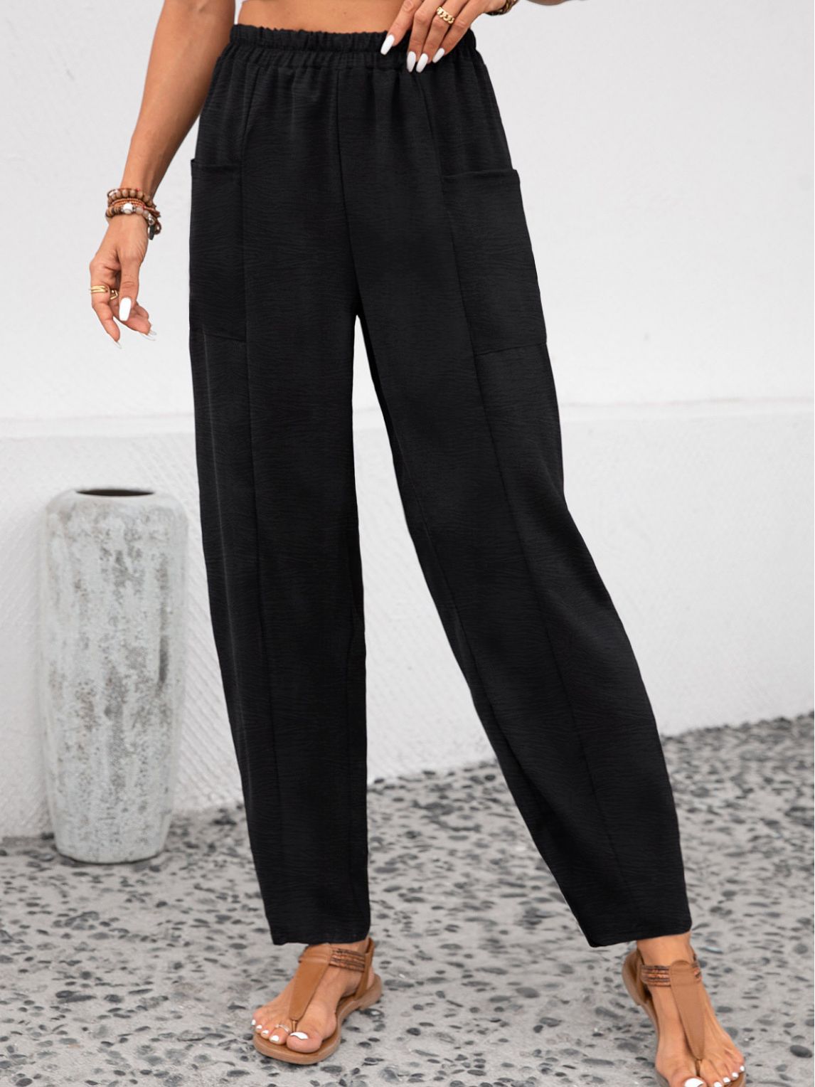 Solid Color Elastic Pants