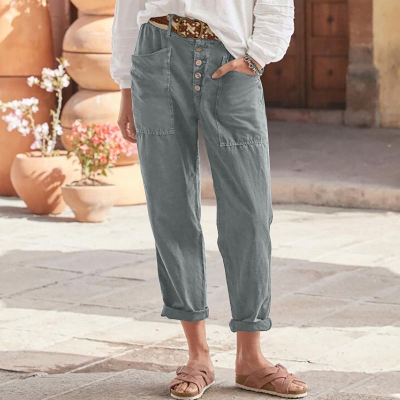 Buttoned Cotton Linen Pants