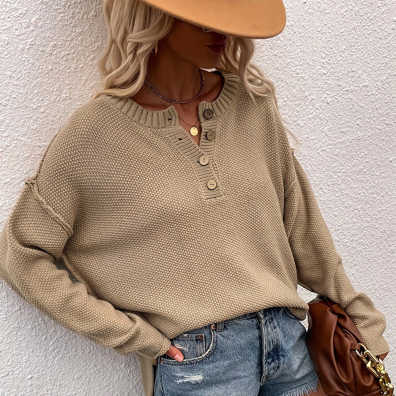 Button Pullover V-Neck Knitted Sweater