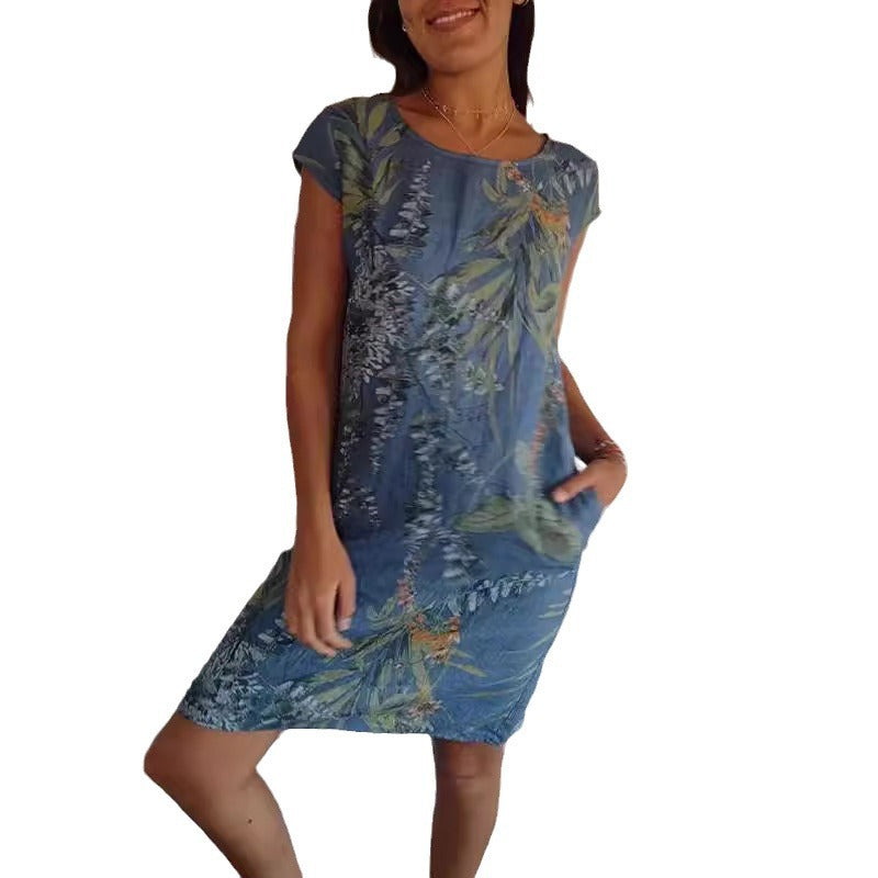 Short Sleeve Printed Pocket Crew Dress