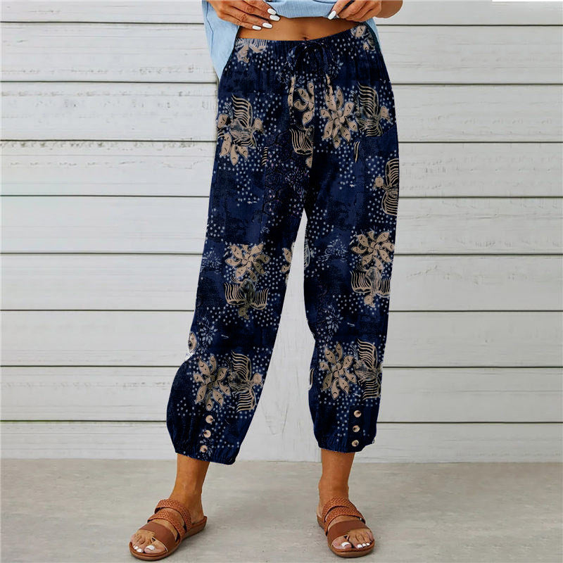 High Waist Drawstring Retro Printed Pants