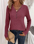 Ribbed Button Front Casual V Neck Long Sleeve Sweater