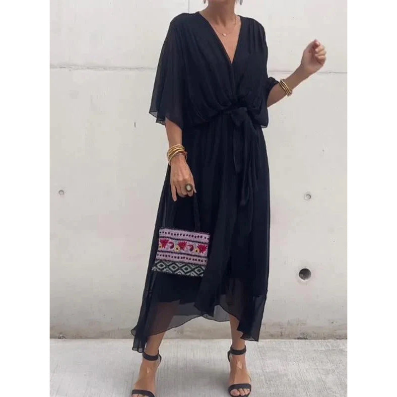 Tie Waist Batwing Long Dress