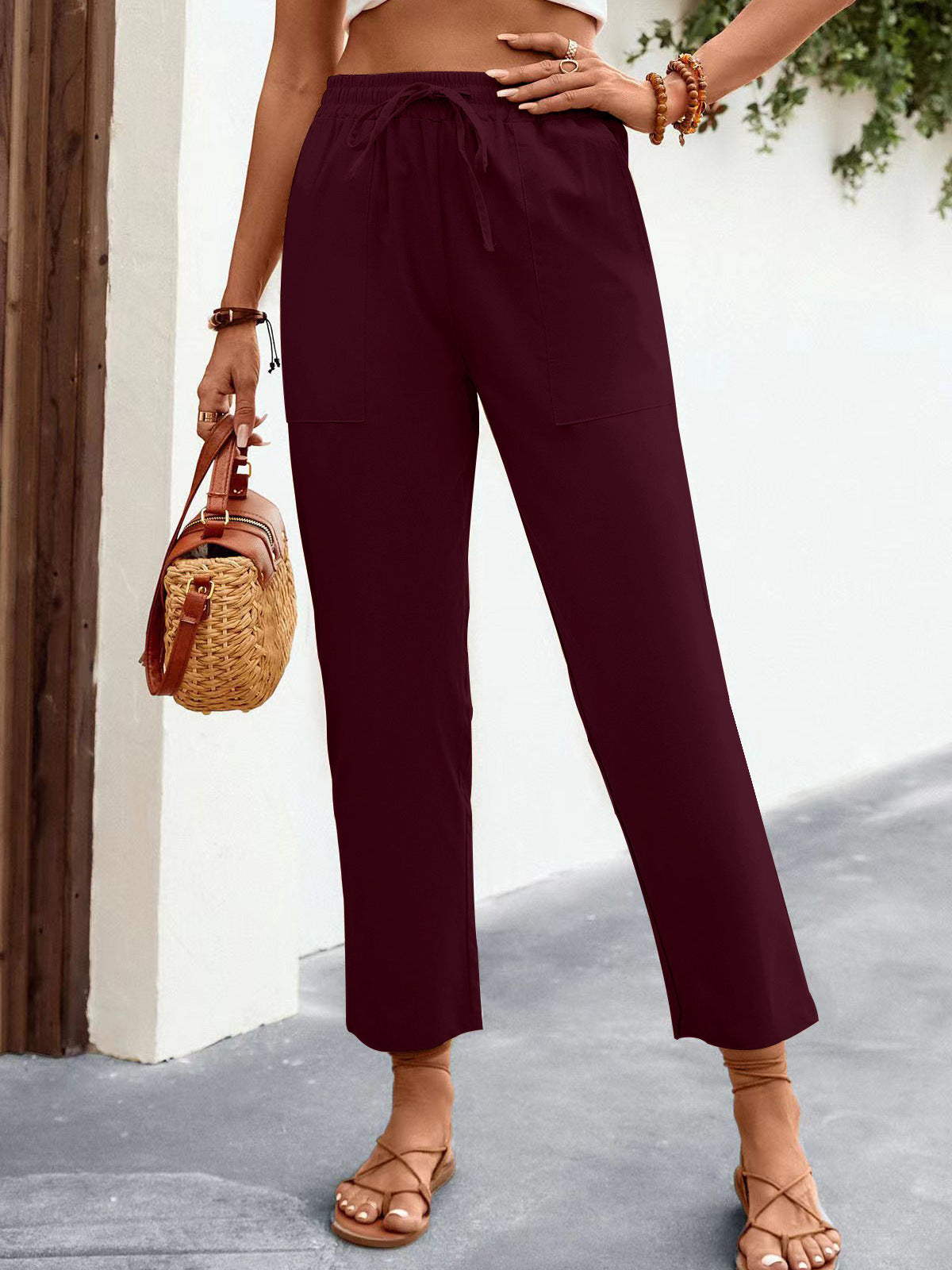 Drawstring Mid-Waist Casual Trousers