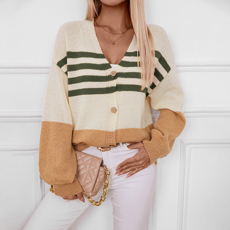 Color Block V-Neck Button Down Long Sleeve Cardigan