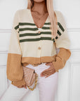 Color Block V-Neck Button Down Long Sleeve Cardigan