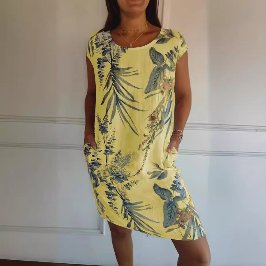 Short Sleeve Printed Pocket Crew Dress