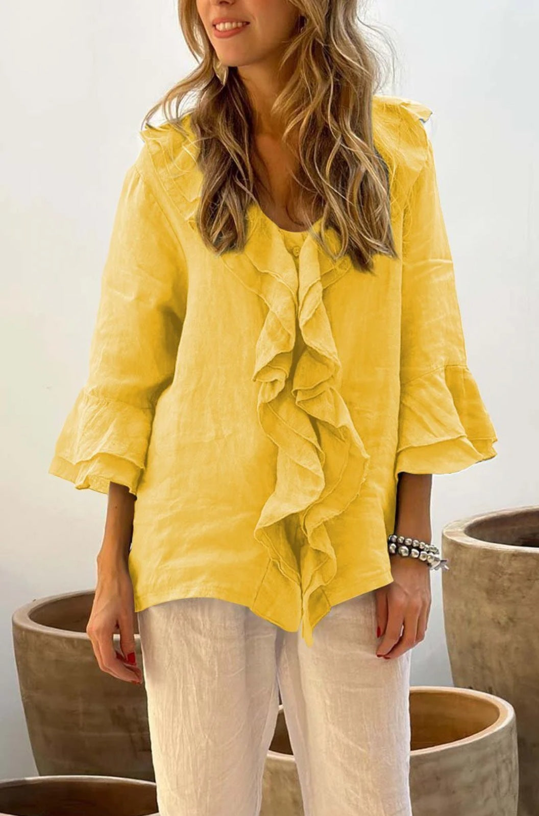 Stylish Solid Top with Feminine Ruffle Detail